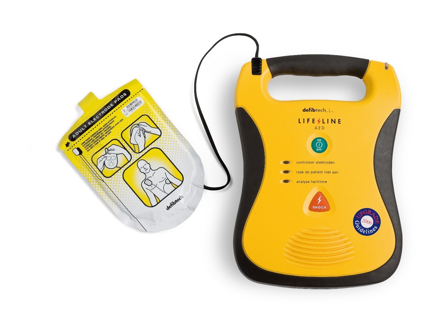 A yellow automated external defibrillator (AED) with a black handle and three indicator lights is connected by a cable to a pouch containing adult electrode pads, which shows illustrated instructions for pad placement on a person’s chest. - on localmedic