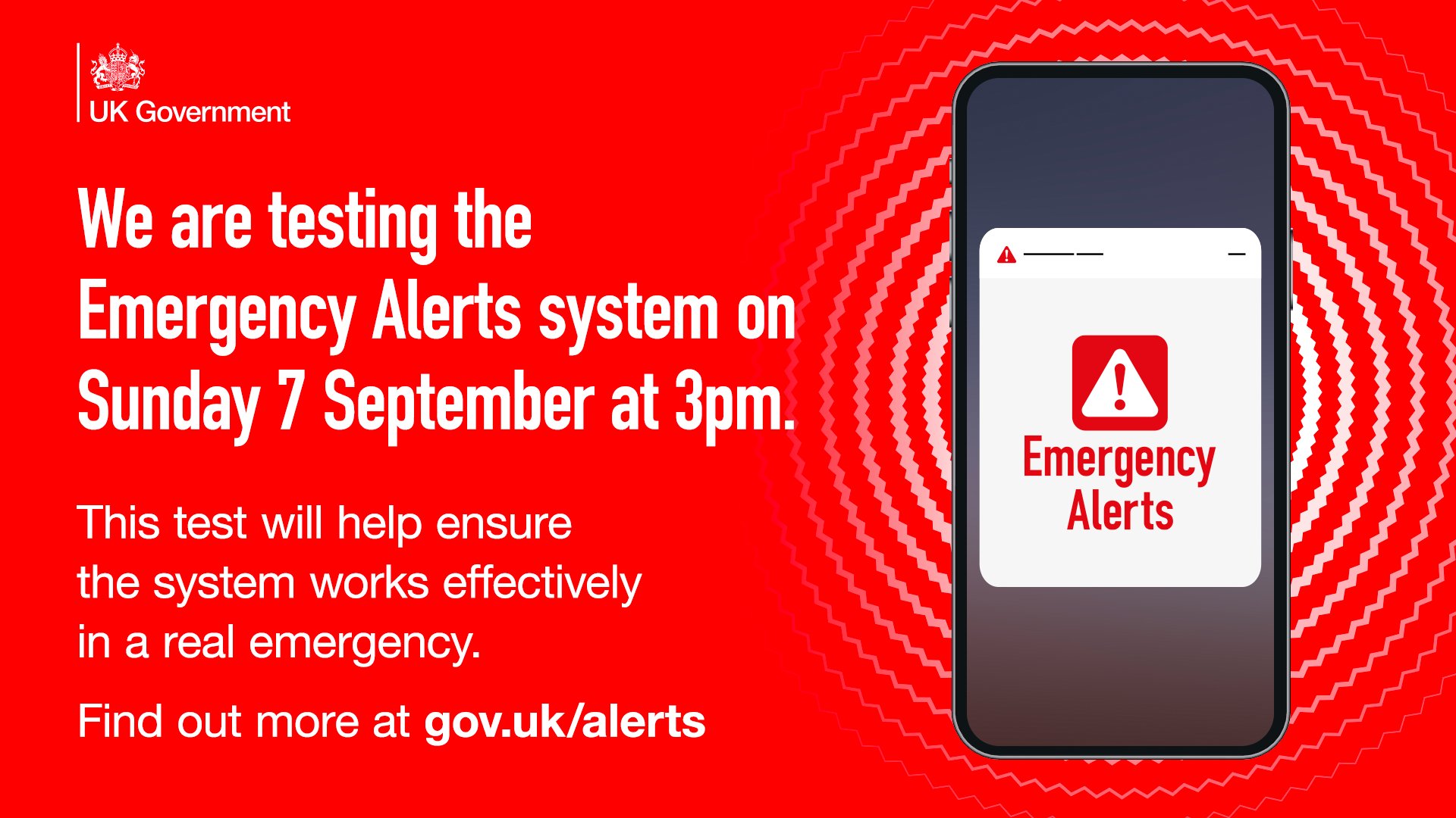 A UK Government notice announces a test of the Emergency Alerts system on Sunday 7 September at 3pm, with a mobile phone displaying an emergency alert message. - on localmedic