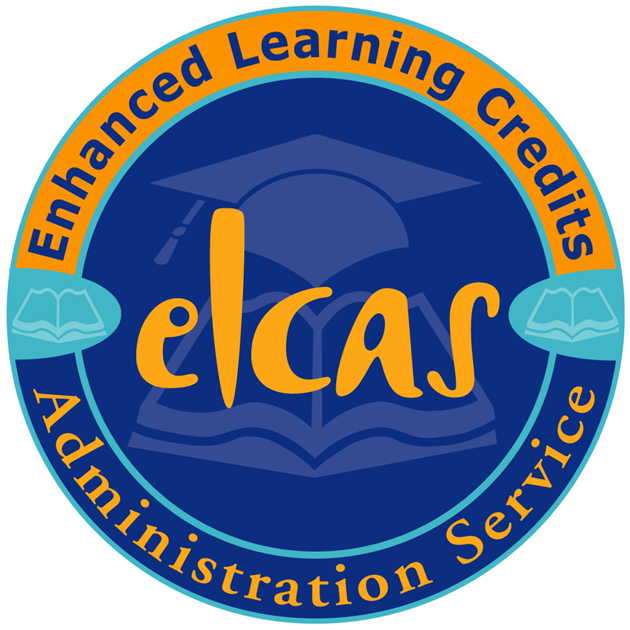 A circular logo for the Enhanced Learning Credits Administration Service (ELCAS) with blue and orange text, a graduation cap, an open book, and book icons on either side. - on localmedic