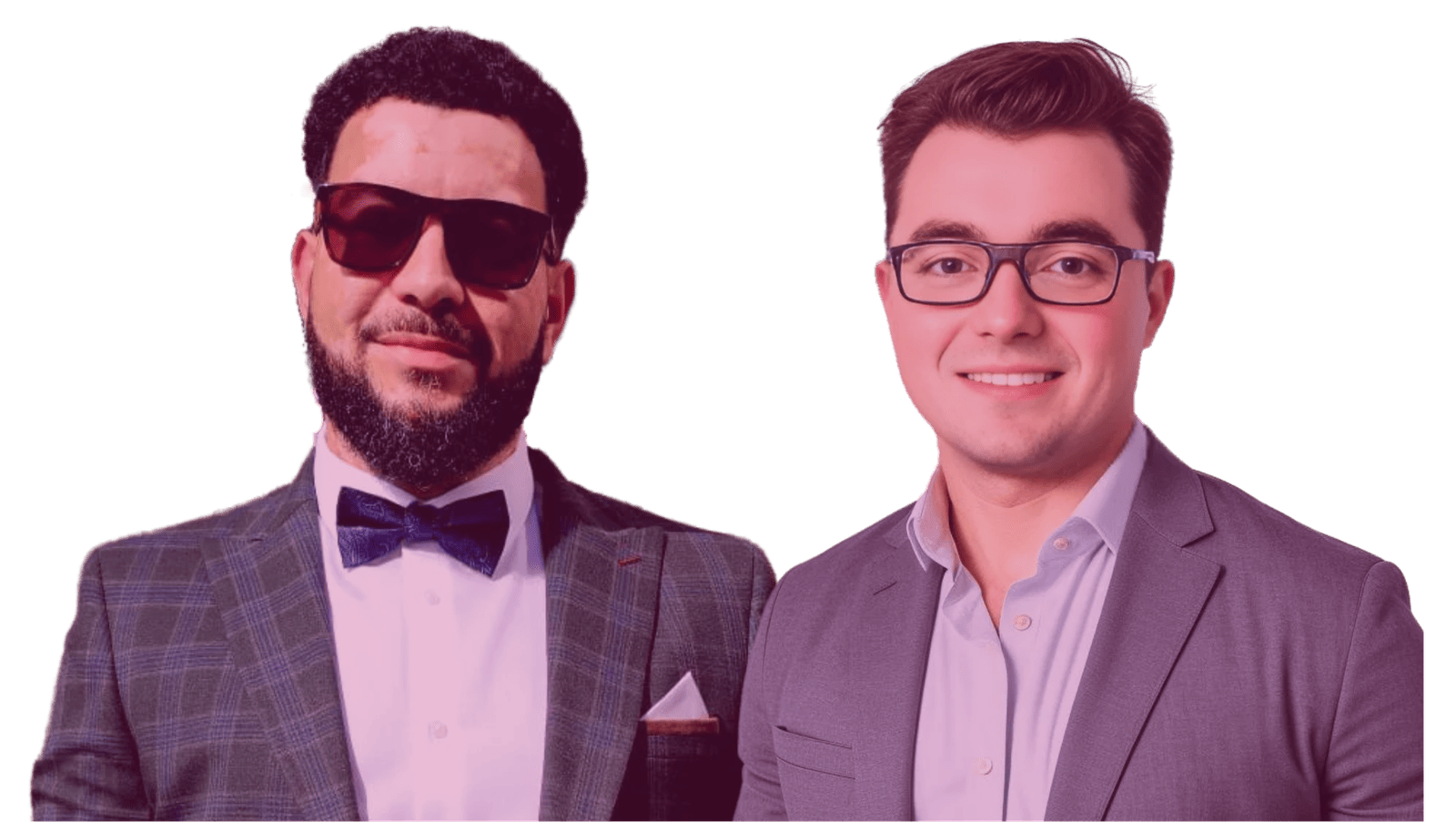 Two men wearing suits pose for a photo; one has sunglasses and a bow tie, the other wears glasses and a button-up shirt.