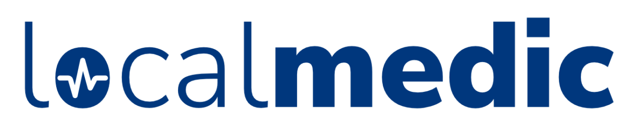 Logo with the word "localmedic" in dark blue; the letter "o" features a white waveform symbol inside.