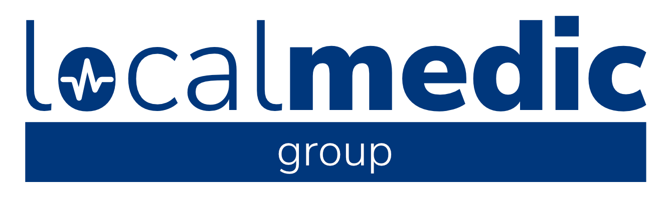 Logo showing "localmedic group" with a heartbeat line integrated into the "l" of "localmedic.