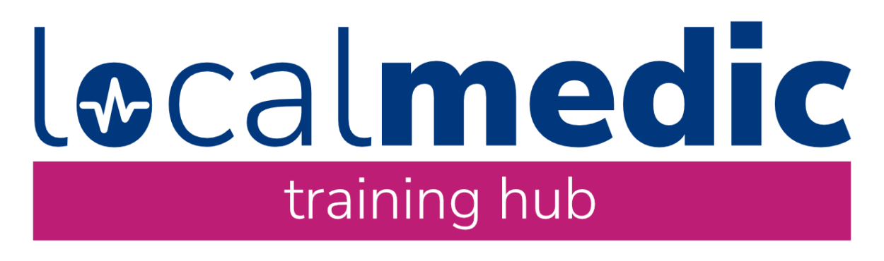 LocalMedic training hub logo with a blue and pink color scheme, featuring a stylised heartbeat symbol within the letter O.