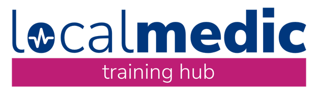 LocalMedic training hub logo with a blue and pink color scheme, featuring a stylised heartbeat symbol within the letter O.