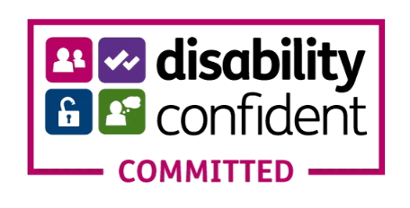 Disability Confident Committed logo with icons representing people, a checkmark, an unlocked padlock, and a thought bubble.
