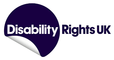 Logo of Disability Rights UK featuring the organization's name in bold white and purple text on a dark purple circular background with a curled lower left edge.