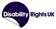 Logo of Disability Rights UK featuring the organization's name in bold white and purple text on a dark purple circular background with a curled lower left edge.