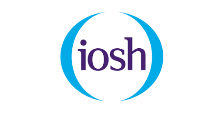 The IOSH logo featuring the lowercase letters "iosh" in purple, centered between two curved blue lines on a white background.