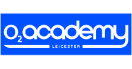 O2 Academy Leicester logo with white text on a blue background. - on localmedic