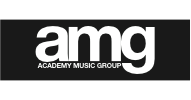 Logo with the lowercase letters "amg" in bold white font, above the words "ACADEMY MUSIC GROUP" on a black rectangular background. - on localmedic