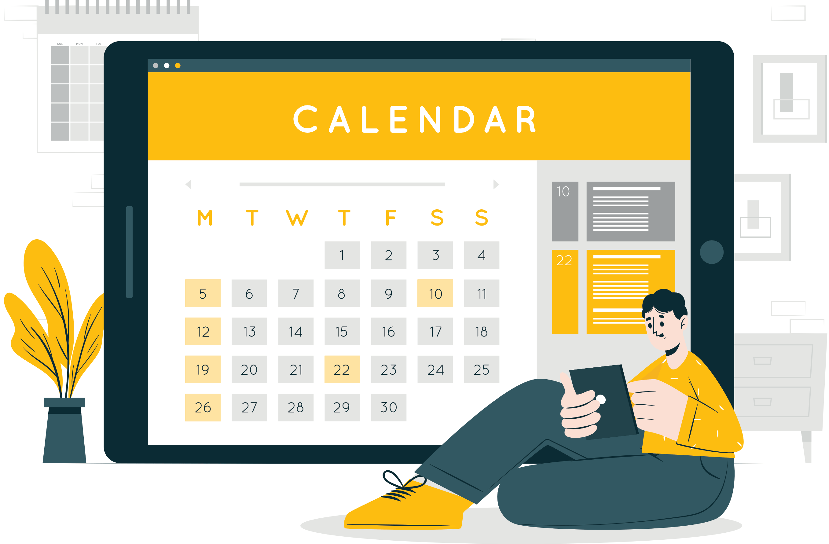 Illustration of a person sitting with a tablet displaying a calendar labeled "Calendar," highlighting the 22nd, possibly marking an important event like Level 3 First Response Emergency Care (FREC3) training. A plant and framed pictures add warmth to the background.