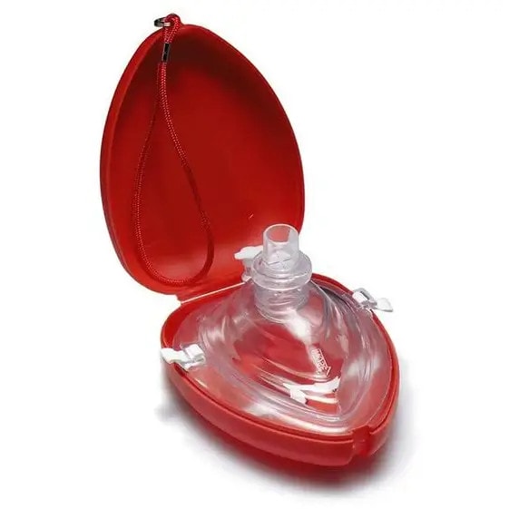 The red heart-shaped case, an ideal Medic starter pack addition, contains a transparent CPR face shield with a one-way valve, ensuring safety and convenience.