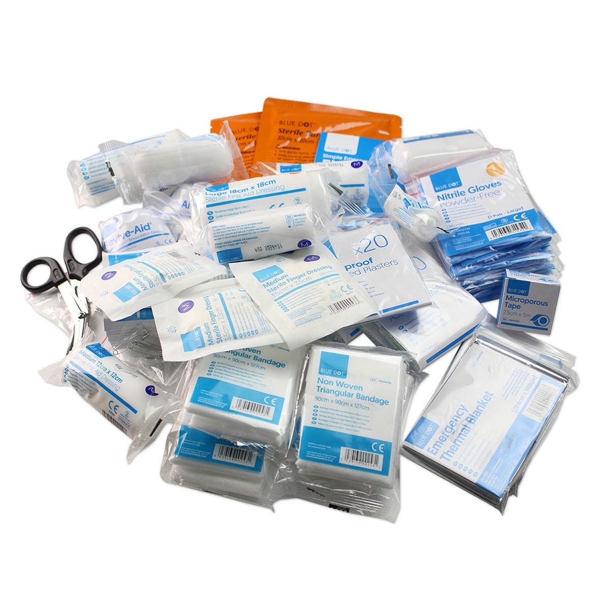 A pile of assorted first aid supplies, including bandages, gauze pads, adhesive plasters, rolls of tape, nitrile gloves, scissors, and antiseptic wipes, all in individual packaging. - on localmedic