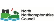 Logo of North Northamptonshire Council with illustration of a castle, trees, a bird, and blue waves on a green landscape, alongside the council name in black text. - on localmedic
