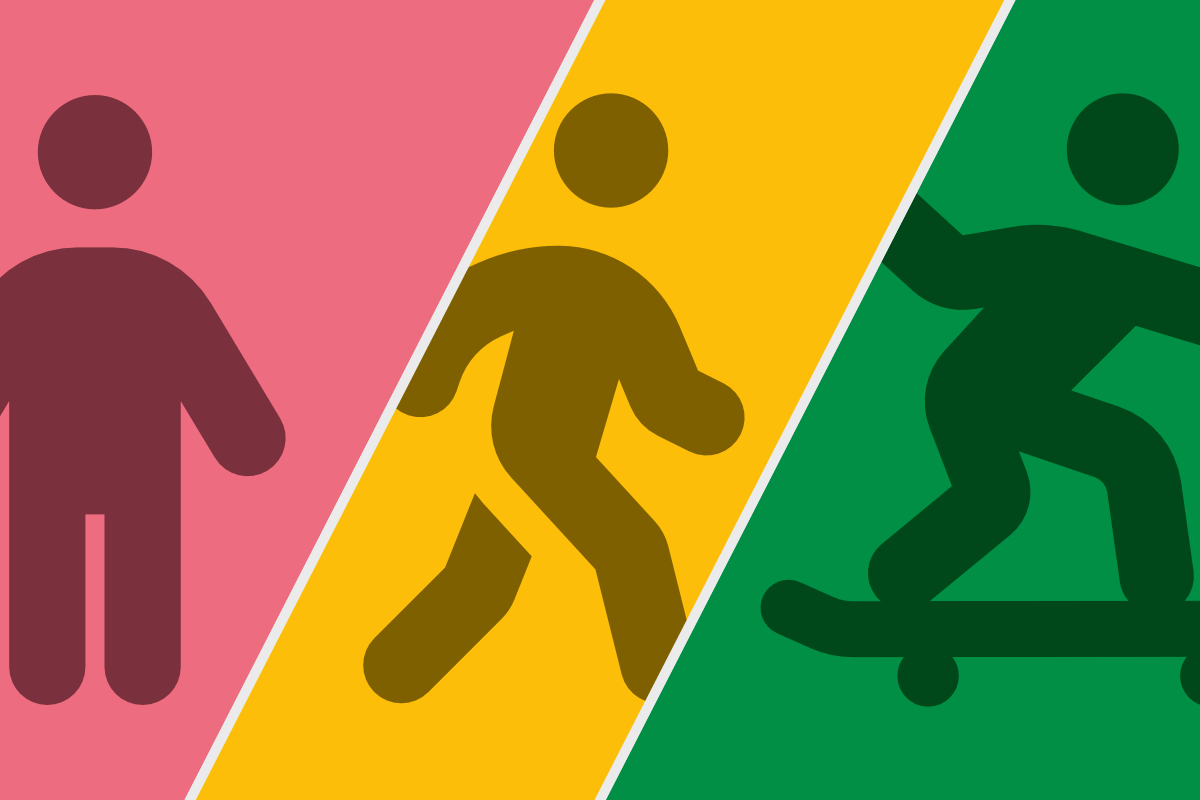 Illustration of three figures: one standing on a pink background, one walking on a yellow background, and one skateboarding on a green background. The composition is reminiscent of an emergency scene, akin to the dynamic scenarios encountered in First Response Emergency Care Level 3 training.