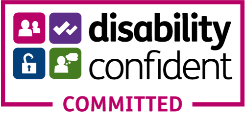 Logo for Disability Confident Committed, featuring colorful icons of people, check marks, and an unlocked padlock—showcasing its status as a committed employer.