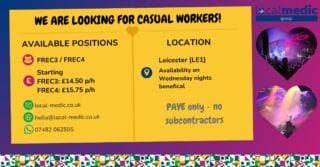 Good Evening, we are looking for casual workers in the Leicester area!
Please see the below image for information.
- To reiterate, PAYE only due to the contracts we hold with our client. 🙂

If you wish to apply for a role, please do so at this link: https://role.so/BqNaYRAzCQ4
